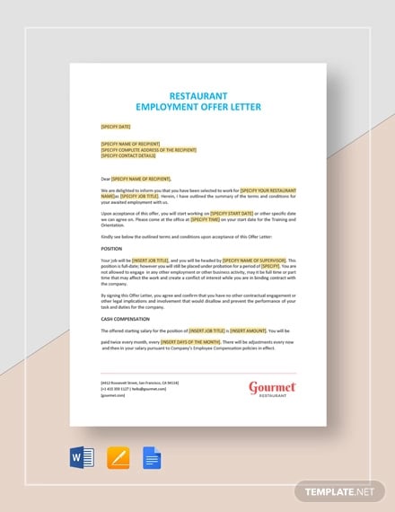 restaurant employment offer letter template