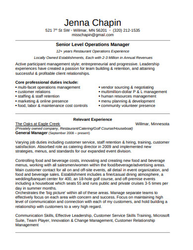 sample resume of hospitality management