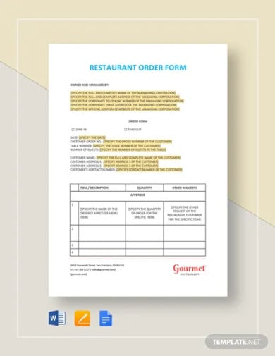 restaurant order form template
