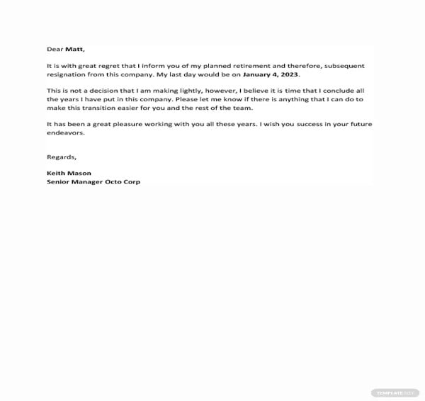 retirement resignation letter template