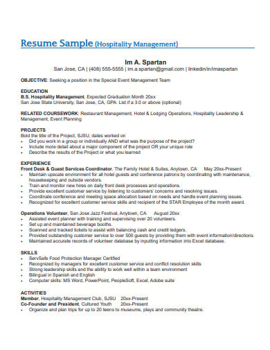 sample hospitality management resume template