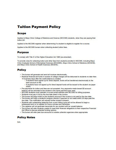 sample tuition payment policy