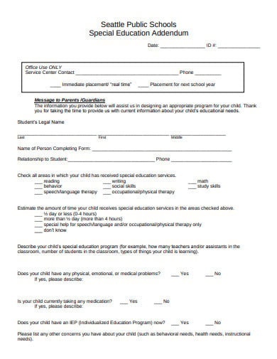 personal information form special education