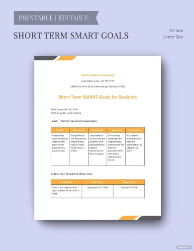 short term smart goals template for students