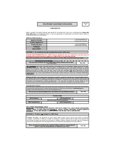 shortlisted candidate information form template
