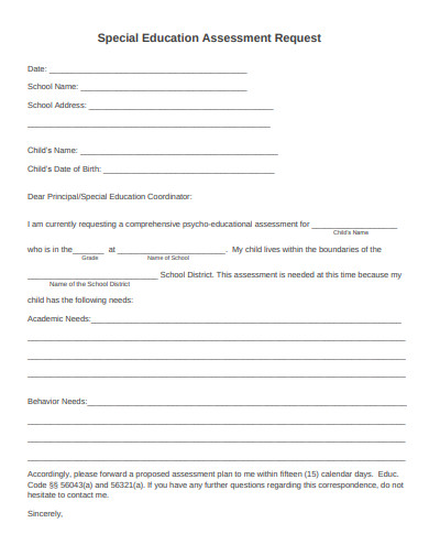 special education assessment request form template