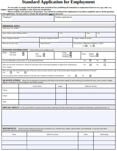 standard application for employment template