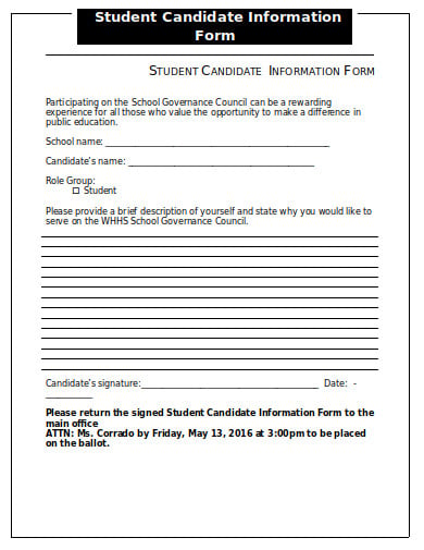 student candidate information form template