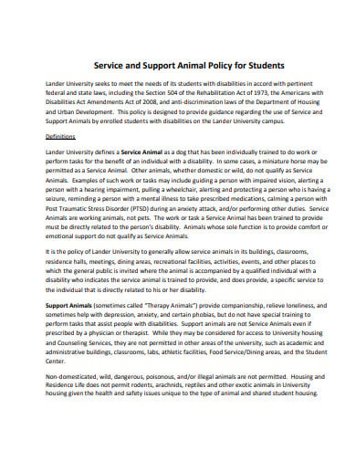 student support service animals on campus policy