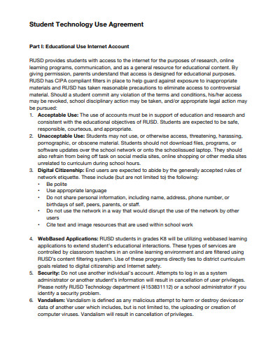 student technology use agreement template