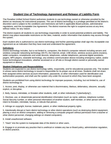 student use of technology agreement and release of liability form