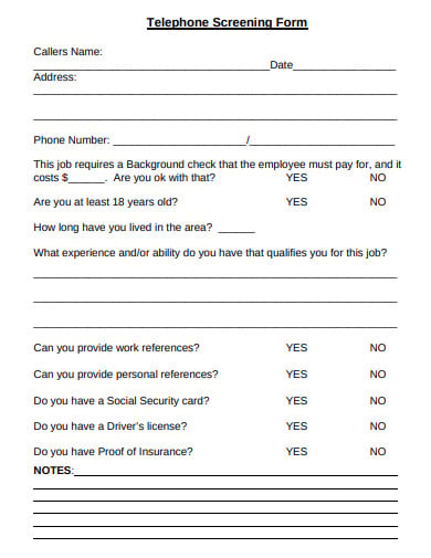 telephone screening form template