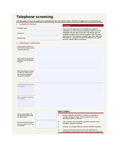 telephone screening format