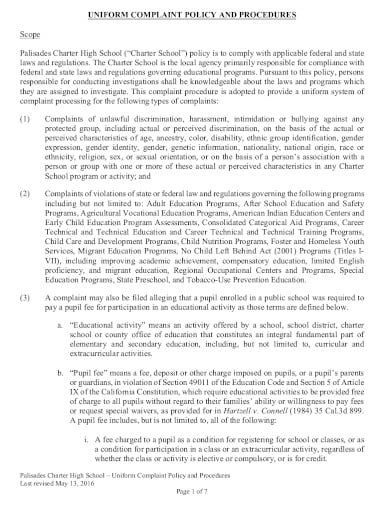 uniform complaint policy and procedure format