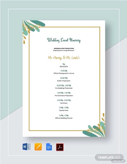 wedding event itinerary template
