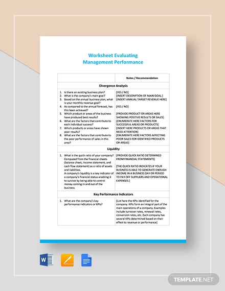 worksheet on evaluating management performance template