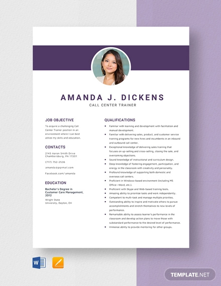 call center trainer resume template