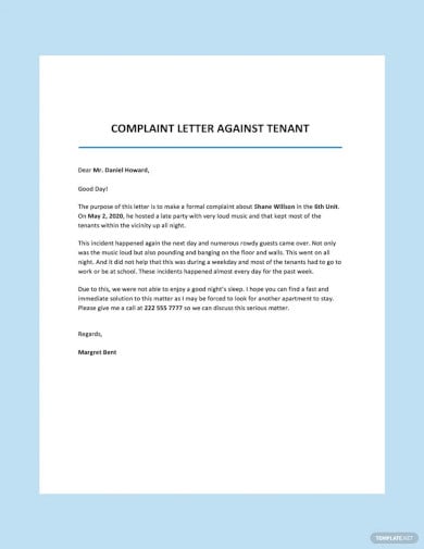complaint letter against tenant template