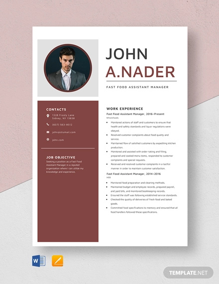 fast food assistant manager resume template