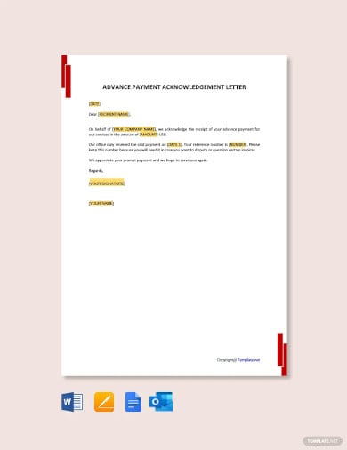 free advance payment acknowledgment letter template