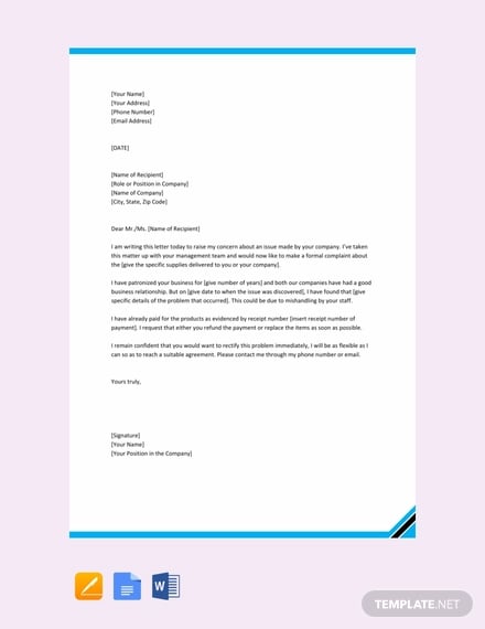 free business complaint letter to supplier