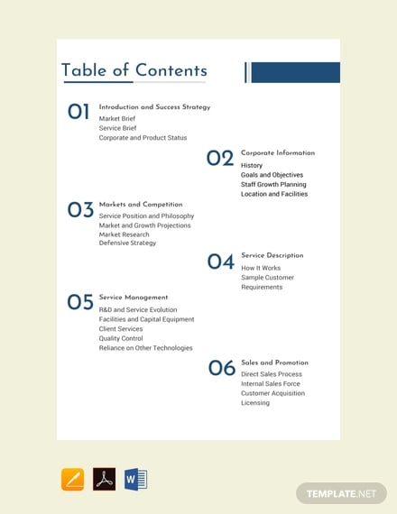 free business plan table of contents template