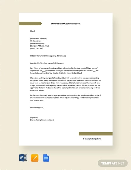 free employee formal complaint letter