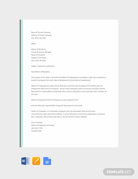 free experience letter format