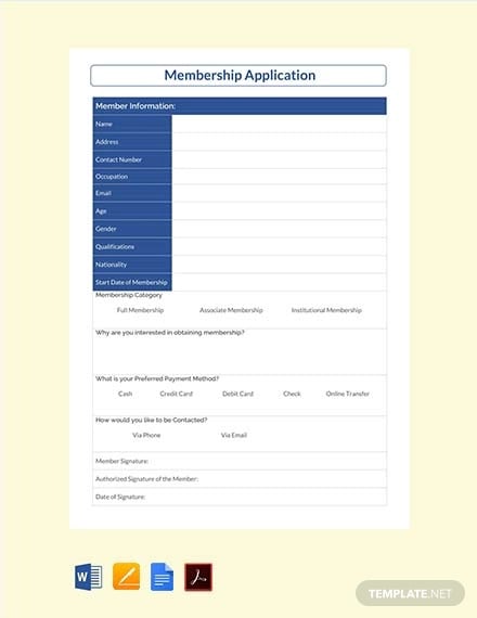 free membership application template