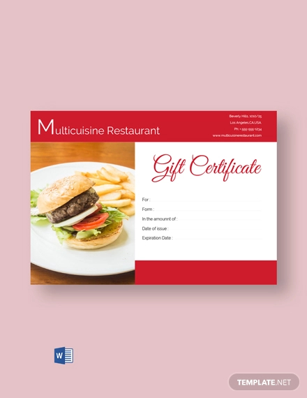 free multicuisine restaurant gift certificate