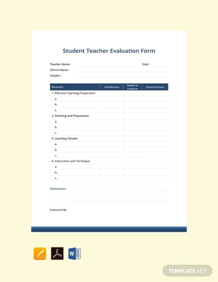 free student teacher evaluation form template