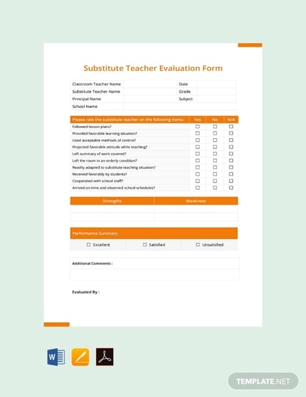 free substitute teacher evaluation form template