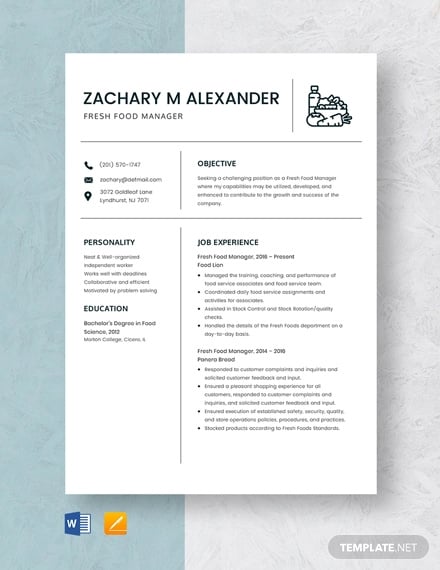fresh food manager resume template