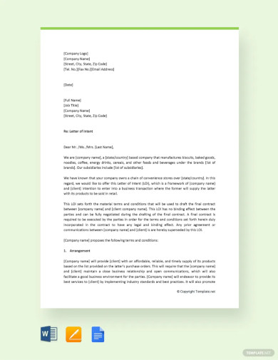 letter of intent to do business with the company template