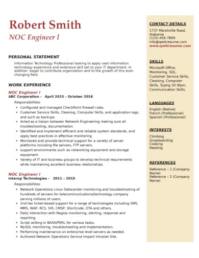 noc network engineer resume template