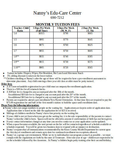 nanny monthly tuition fee schedule