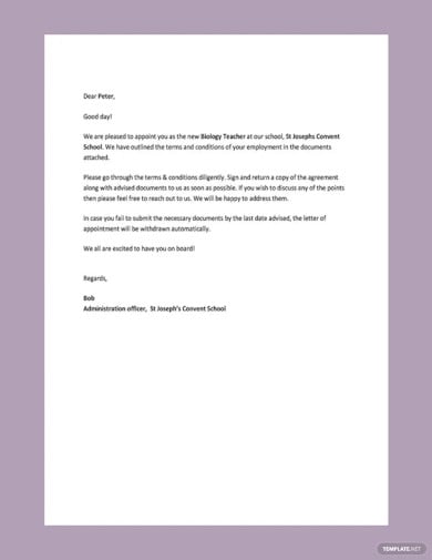 private school teacher appointment letter template