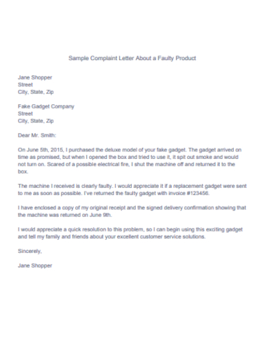 product complaint letter template