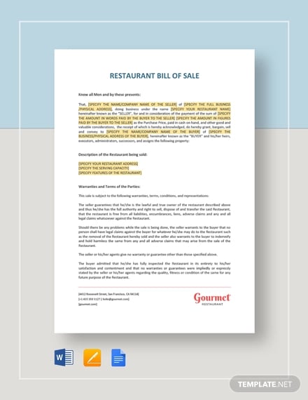 restaurant bill of sale template