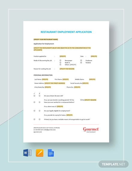 restaurant employment application template