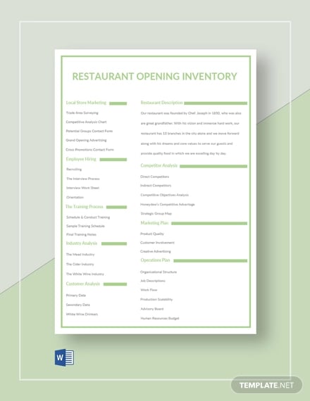 restaurant opening inventory template