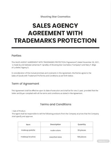 sales agency agreement with trademarks protection template