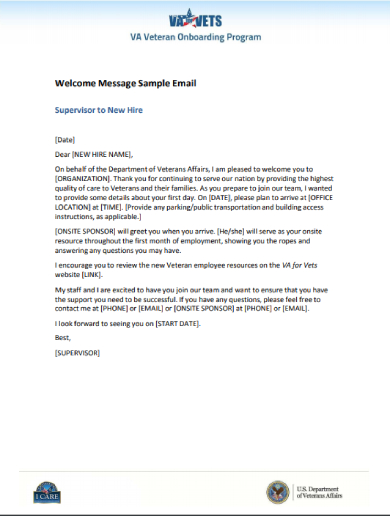 welcome message sample email