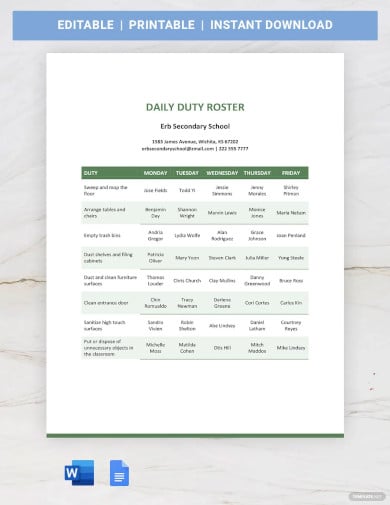 daily duty roster template