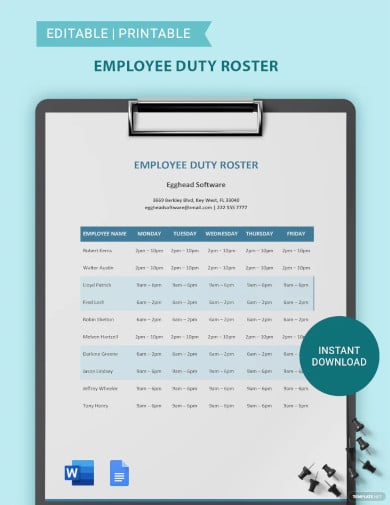 employee duty roster template