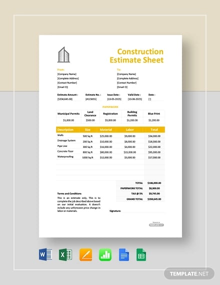 free construction estimate sheet template