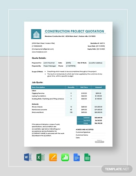 free construction project quotation template