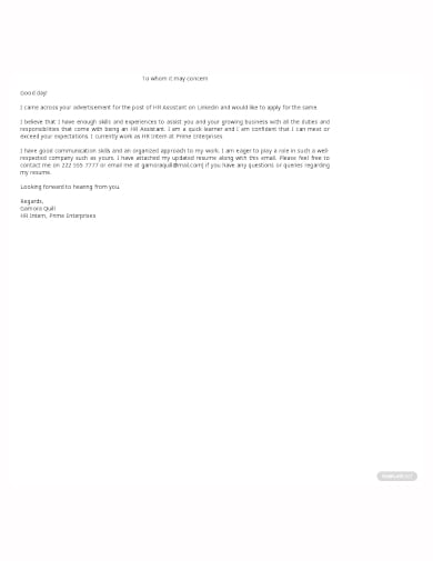 hr assistant job promotion application letter template