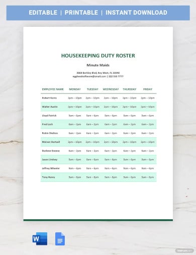 housekeeping duty roster template