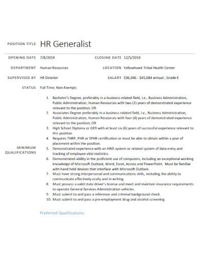job application for hr resource generalist